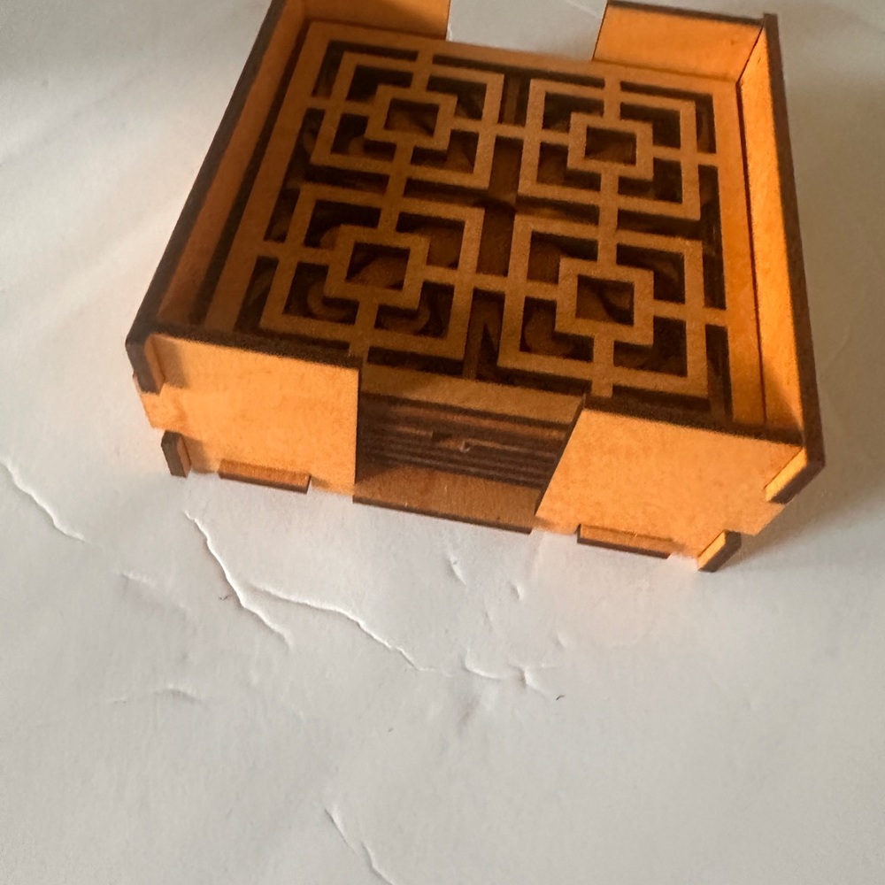 Laser-Cut Wooden Coaster Holder with Geometric Lid